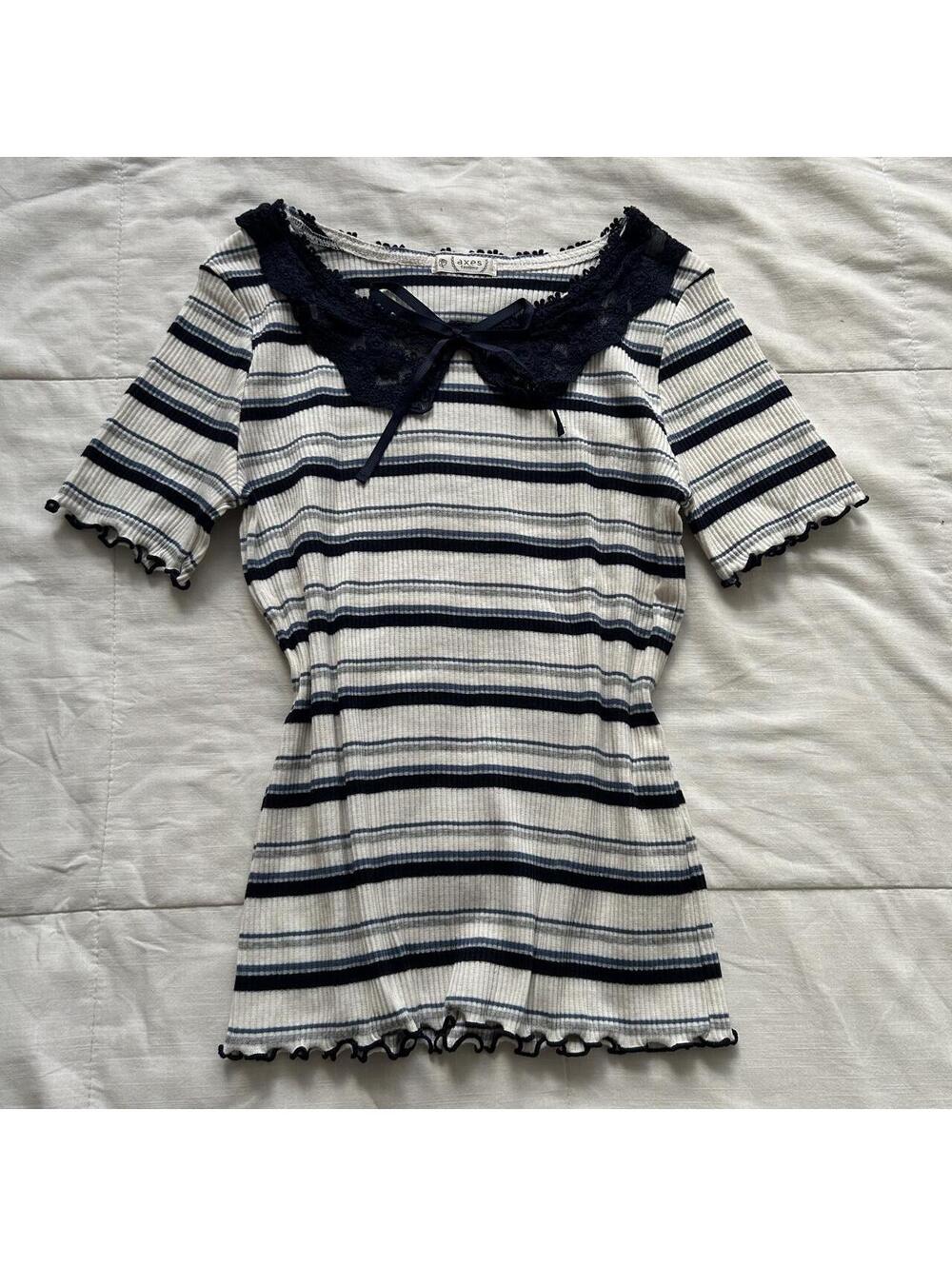 Axes Femme Striped Ribbed Knit Top Lace Sailor Collar Bow Medium Japan